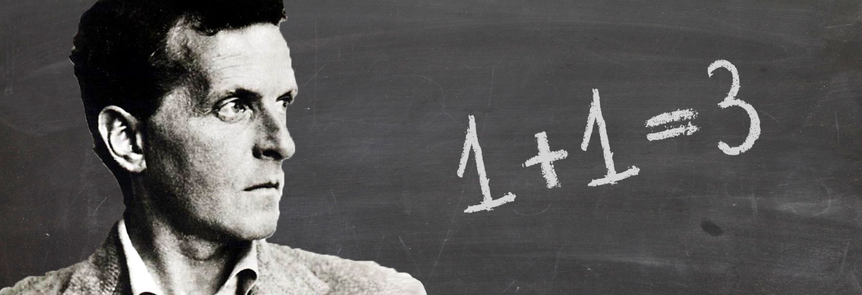 Wittgenstein looking at a blackboard saying 1+1=3